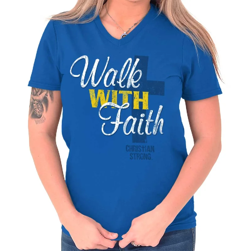 Walk With Faith V-Neck T Shirt Solid Print Embellished