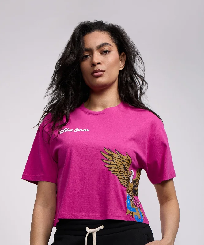 Women Wild Ones Eagle Cropped Short Sleeve Tee - Hot Pink Hooded Caped Shawl Collar