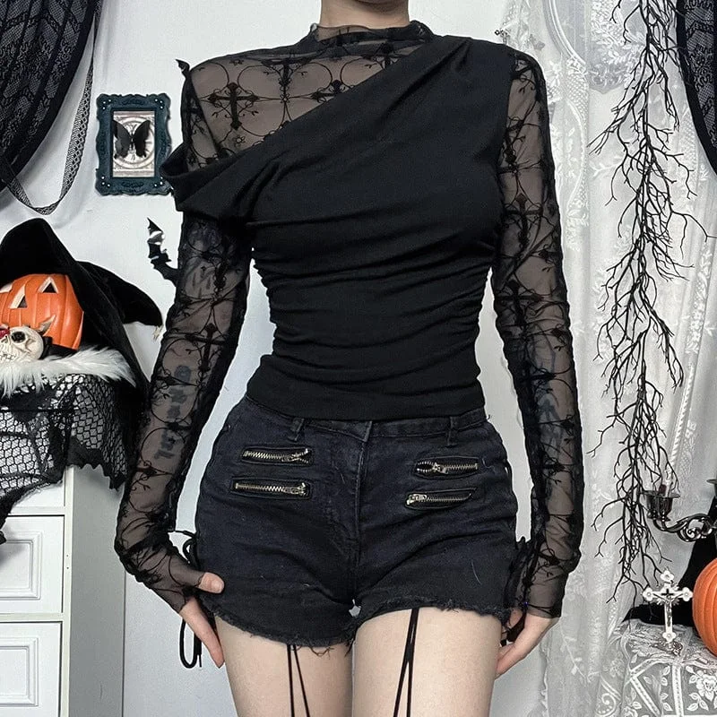 Women's Gothic Mesh Lace Long Sleeved Shirt Lace Blend Ribbed Blend Corduroy Blend