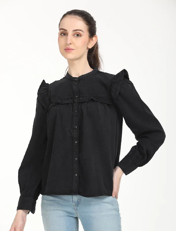 Women's Solid Oversized Shirt Hooded Caped Shawl Collar