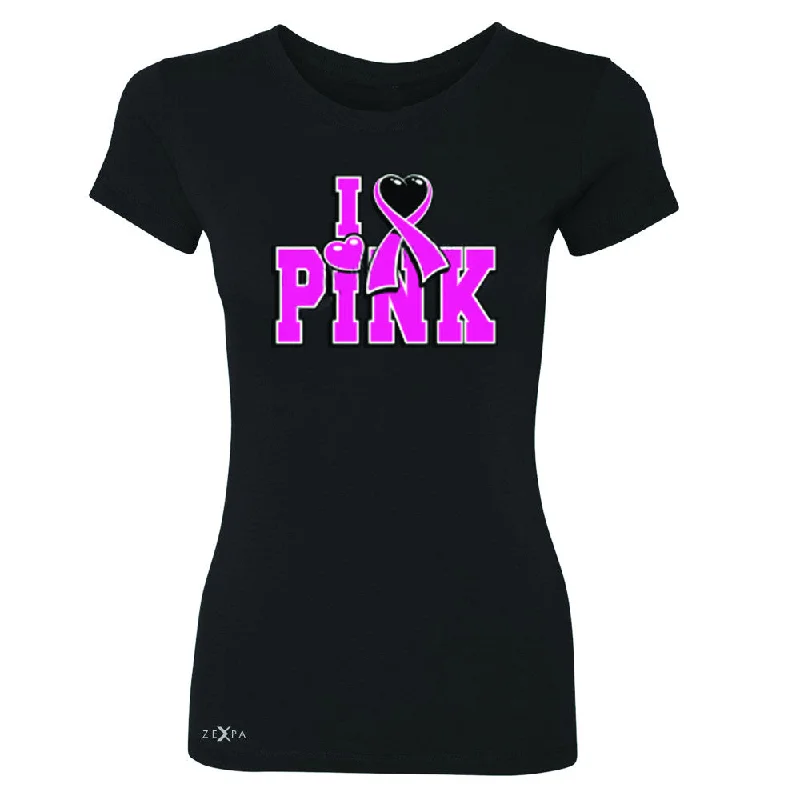 Zexpa Apparel™ I Love Pink - Pink Heart Ribbon Women's T-shirt Breast Cancer Tee Mesh Canvas Denim