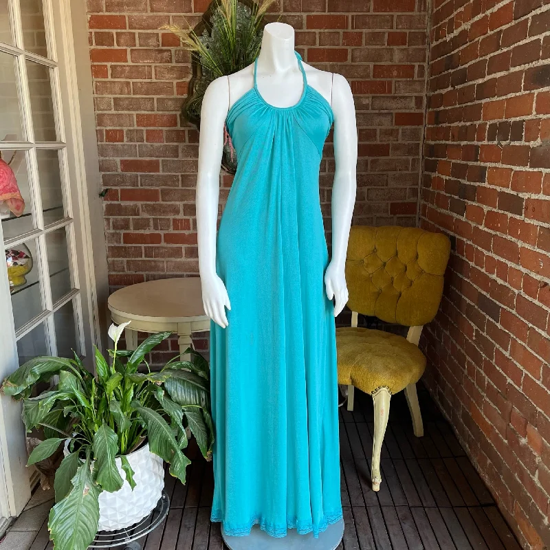 1970s Turquoise Halter Top Maxi Dress Stylish Pleated A-Line Maxi Dress