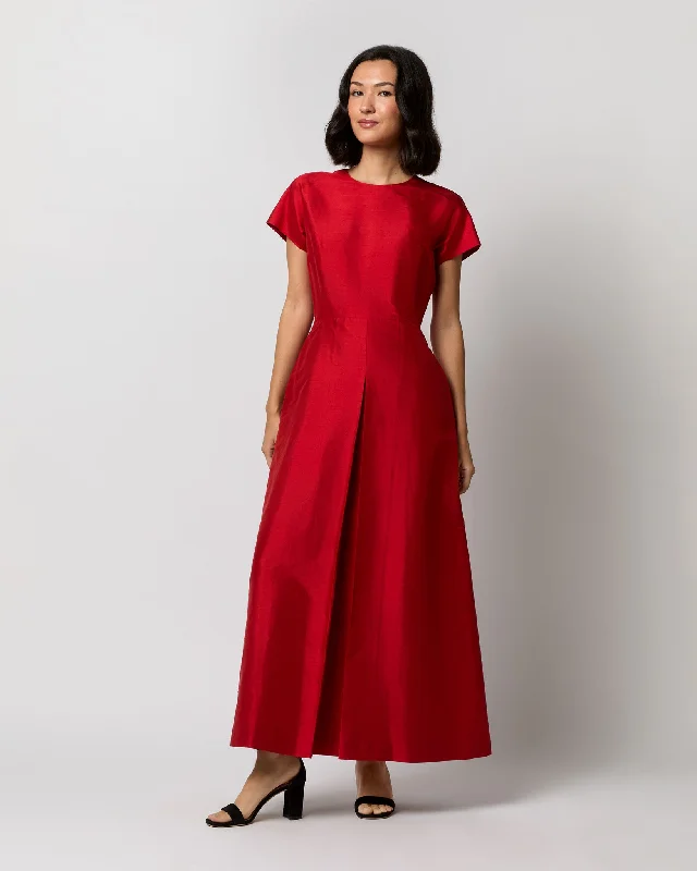 Suzzette Maxi Dress in Red Silk Shantung Elegant Maxi Dress with Ruffles