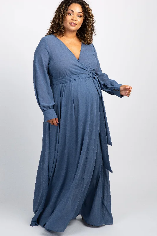 Blue Chiffon Long Sleeve Pleated Plus Maternity Maxi Dress Cozy Longline Maxi Dress