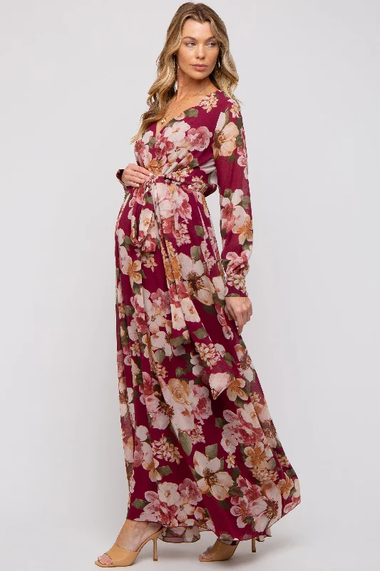 Burgundy Floral Chiffon Wrap Front V-Neck Long Sleeve Maternity Maxi Dress Comfortable Maxi Dress with Slits