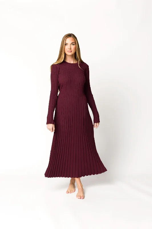 Colette Premium Long Sleeved Ribbed Knit Maxi Dress in Burgundy - Bump Friendly Trendy Ruffled Maxi Dress