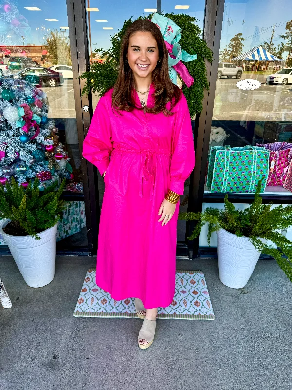 Fuschia Poplin Maxi Dress Cozy Ruffle Sleeve Maxi Dress