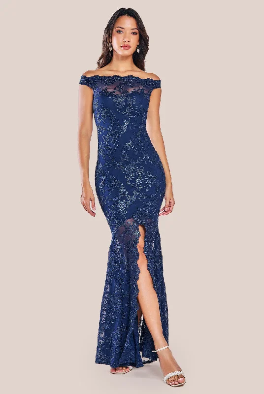 Goddiva Lace Scallop Edge Mermaid Maxi Dress - Navy Fashionable Sheer Maxi Dress