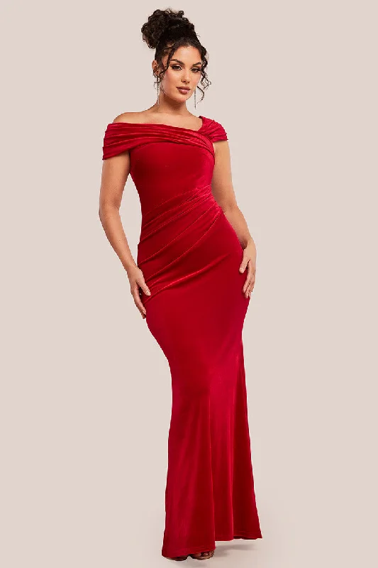 Goddiva One Shoulder Velvet Maxi Dress - Red Stylish Maxi Dress with Frills