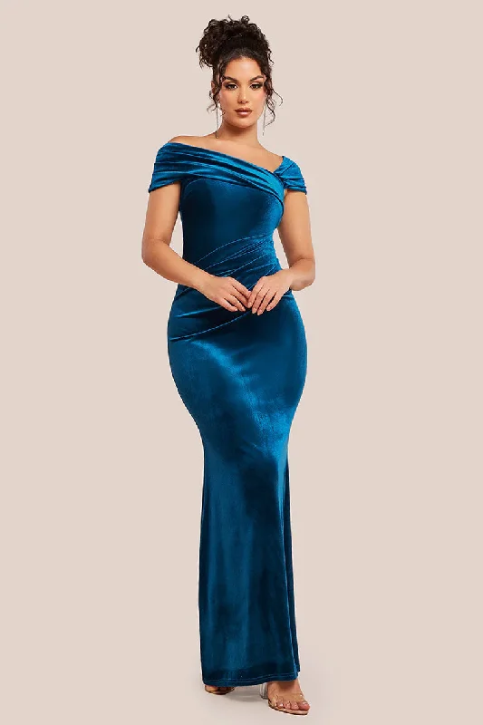 Goddiva One Shoulder Velvet Maxi Dress - Teal Fashionable Printed Maxi Dress