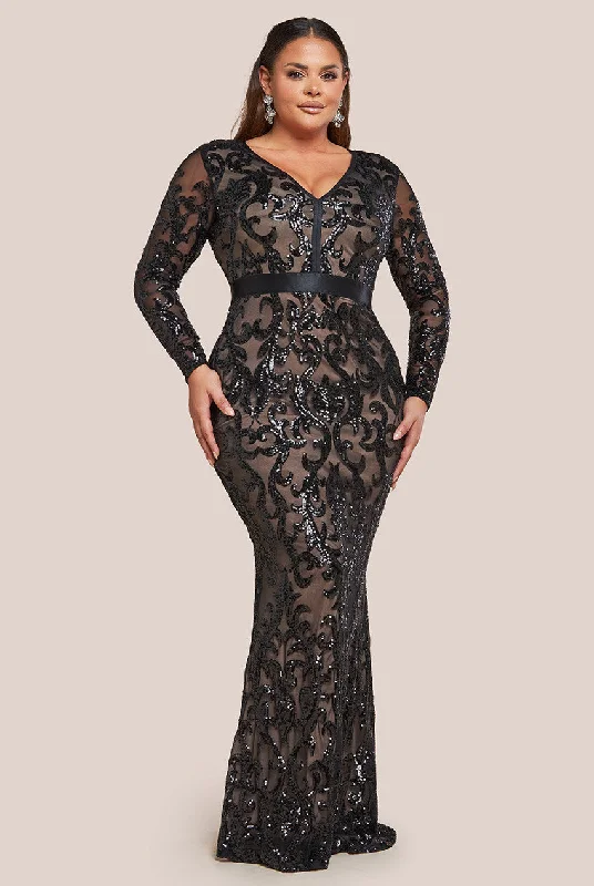 Goddiva Plus Embroidered Sequin & Mesh Maxi Dress - Black Comfortable Fit-and-Flare Maxi Dress