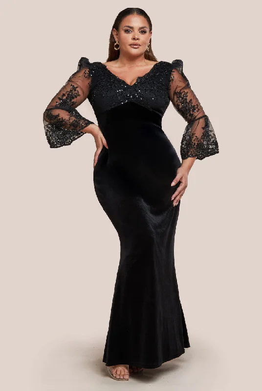 Goddiva Plus Scalloped Lace & Velvet Maxi Dress - Black Fashionable Button-Down Maxi Dress