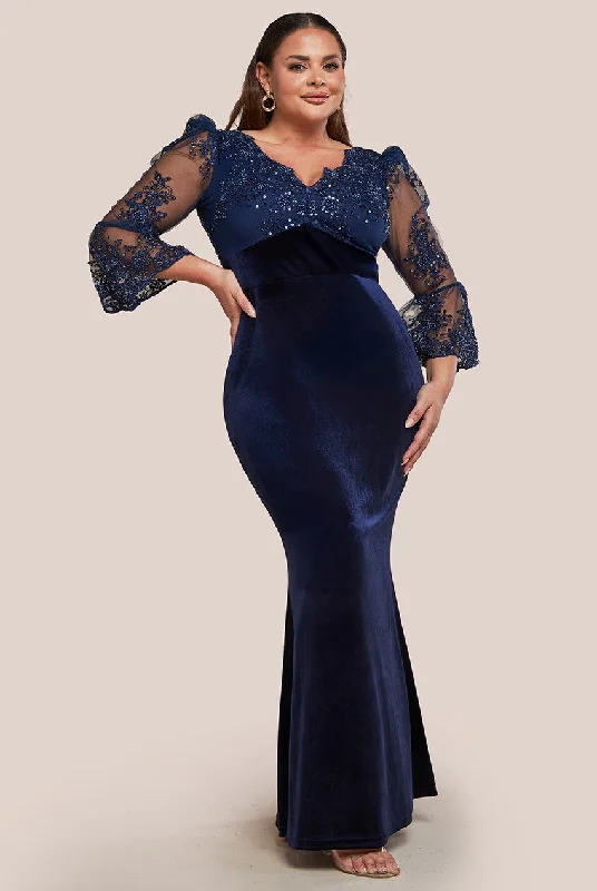 Goddiva Plus Scalloped Lace & Velvet Maxi Dress - Navy Trendy Maxi Dress with Belt