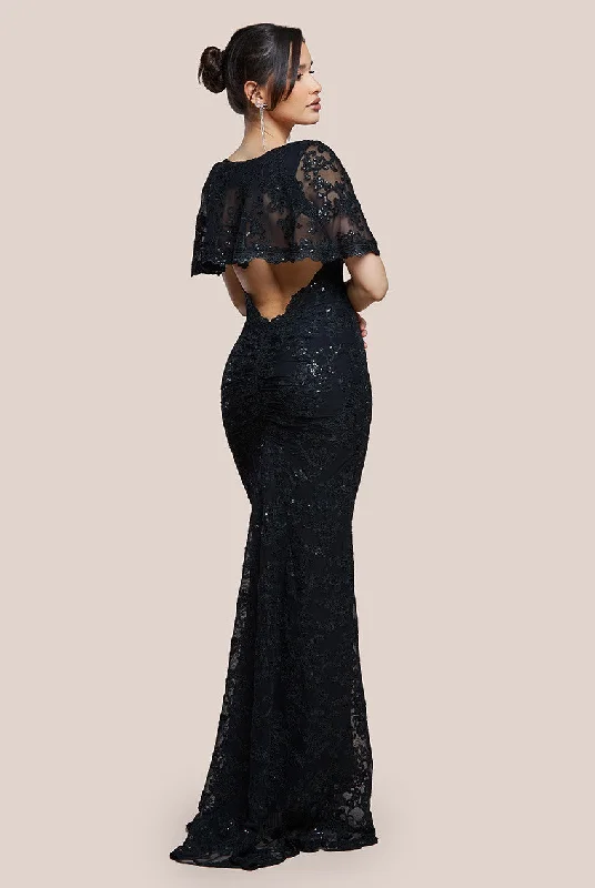 Goddiva Scalloped Cape Open Back Lace & Sequin Maxi Dress - Black Cozy Knitted Maxi Dress