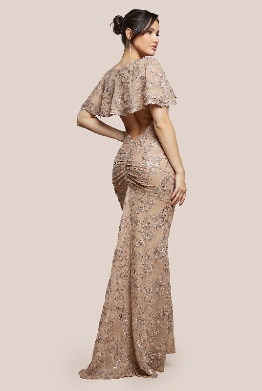 Goddiva Scalloped Cape Open Back Lace & Sequin Maxi Dress - Champagne Comfortable Flowy Maxi Dress