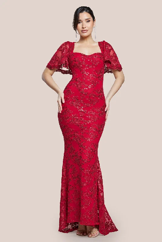 Goddiva Scalloped Cape Open Back Lace & Sequin Maxi Dress - Red Stylish Button-Up Maxi Dress