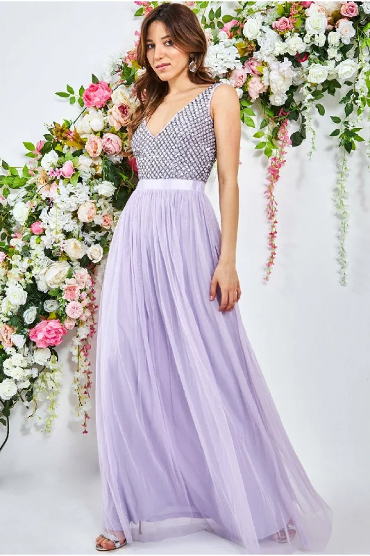 Goddiva Sequin Bodice Pleated Maxi Dress - Lavender Fashionable High-Waist Maxi Dress