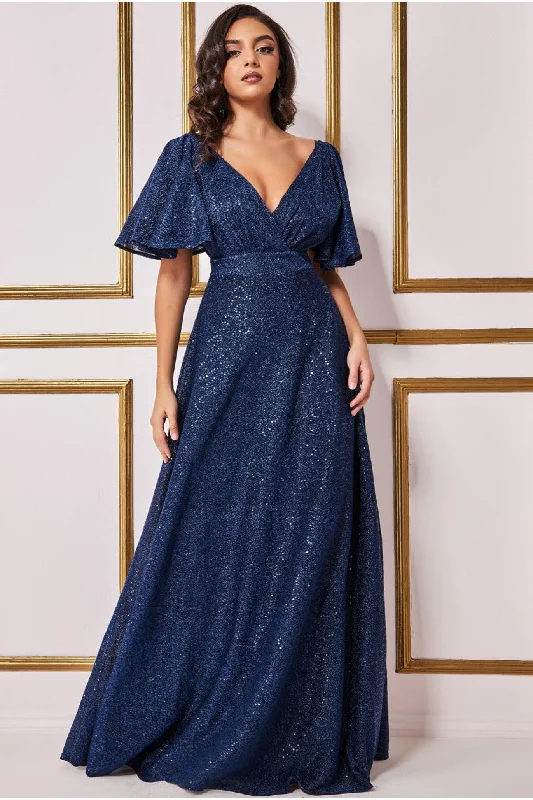 Goddiva Sequin Lurex Flutter Sleeve Maxi Dress - Navy Comfortable Pleated Maxi Dress