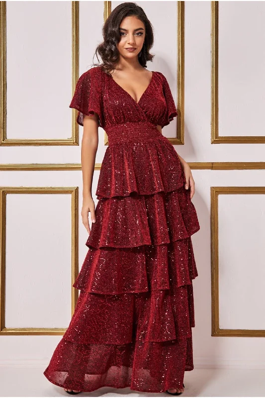 Goddiva Sequin Lurex Tiered Maxi Dress - Wine Comfortable Flowy Maxi Dress