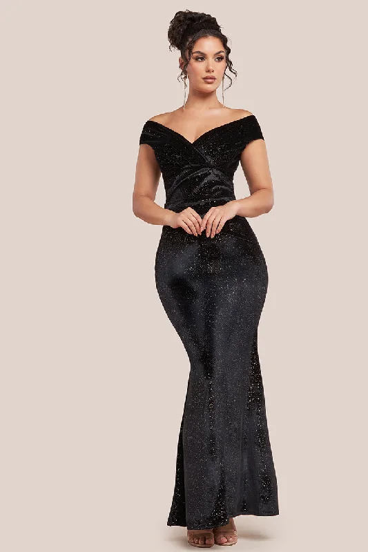 Goddiva Shimmer Velvet Bardot Maxi Dress - Black Gold Stylish Longline Maxi Dress