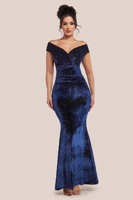 Goddiva Shimmer Velvet Bardot Maxi Dress - Navy Comfortable Cotton Maxi Dress