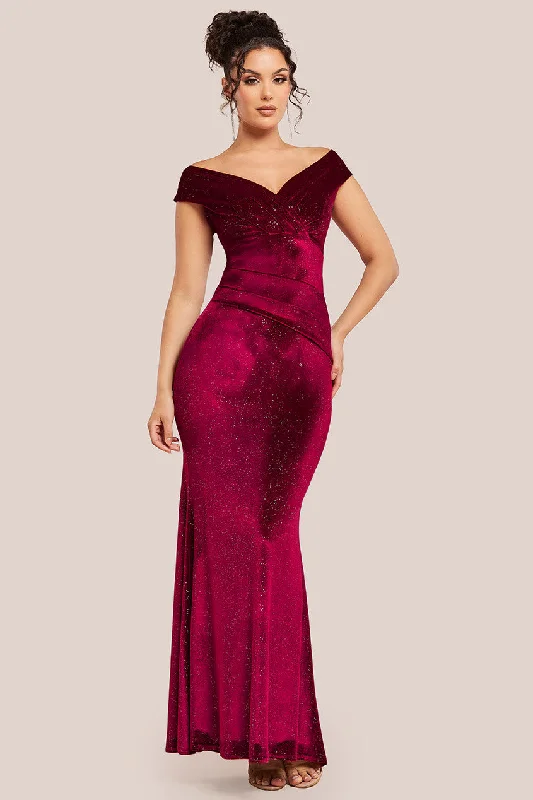 Goddiva Shimmer Velvet Bardot Maxi Dress - Wine Elegant Boho Maxi Dress