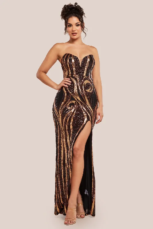 Goddiva Strapless Multi Sequin Maxi Dress - Bronze Comfortable Bohemian Maxi Dress