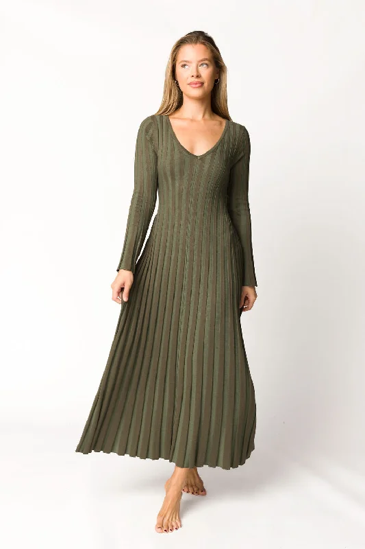 Hadley Long Sleeve V-Neck Knit Maxi Dress in Olive- Bump Friendly Elegant Velvet Maxi Dress