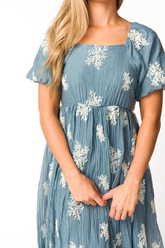 Hallie Embroidered Maxi Dress in Dusty Blue - Bump Friendly & Inclusive Sizing (S-3XL) Elegant Floral Maxi Dress