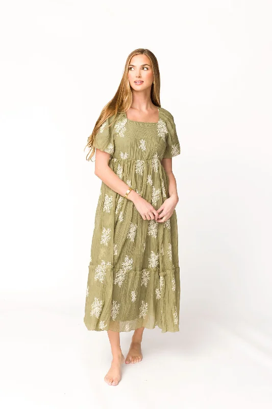 Hallie Embroidered Maxi Dress in Olive - Bump Friendly & Inclusive Sizing (S-3XL) Classic V-Neck Maxi Dress