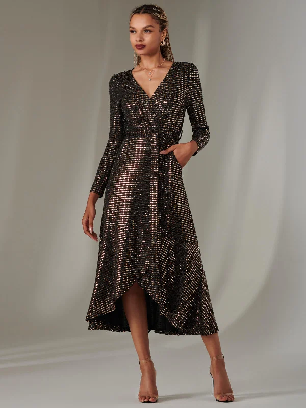 Long Sleeve Metallic Spot Maxi Dress, Black Rose Gold Stylish Longline Maxi Dress