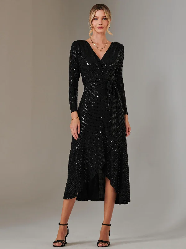 Long Sleeve Metallic Spot Maxi Dress, Black Stylish Boho Chic Maxi Dress