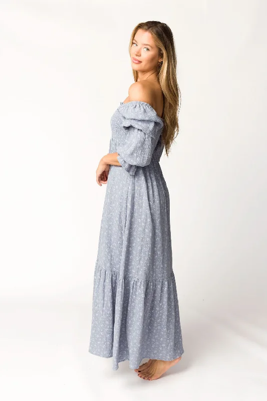 Emerson Gauze Maxi Dress in Indigo - Bump Friendly Trendy Maxi Dress with Lace