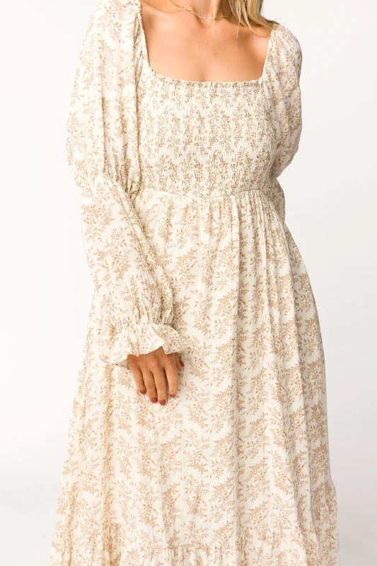 Emerson Gauze Maxi Dress in Natural/Tan Floral - Bump Friendly Elegant Boho Maxi Dress