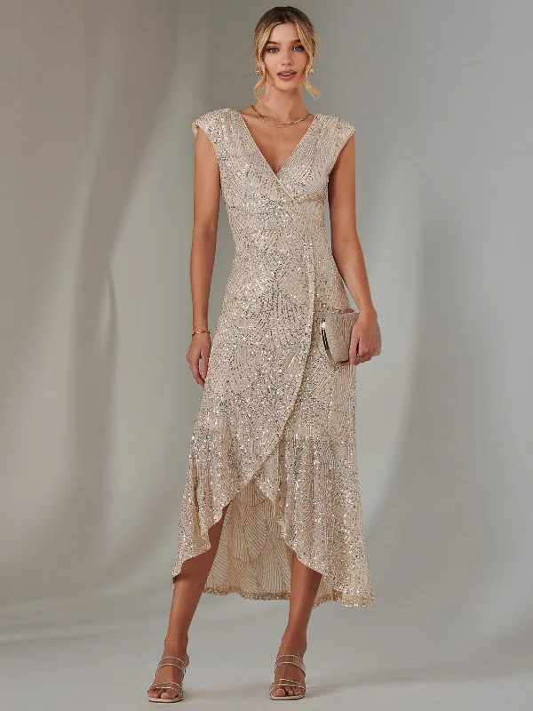 Sequin Ruffle Hem Maxi Dress, Beige Silver Elegant Maxi Dress with Lace