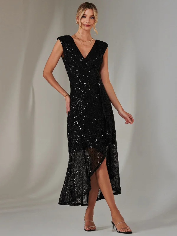 Sequin Ruffle Hem Maxi Dress, Black Trendy Ruffled Maxi Dress