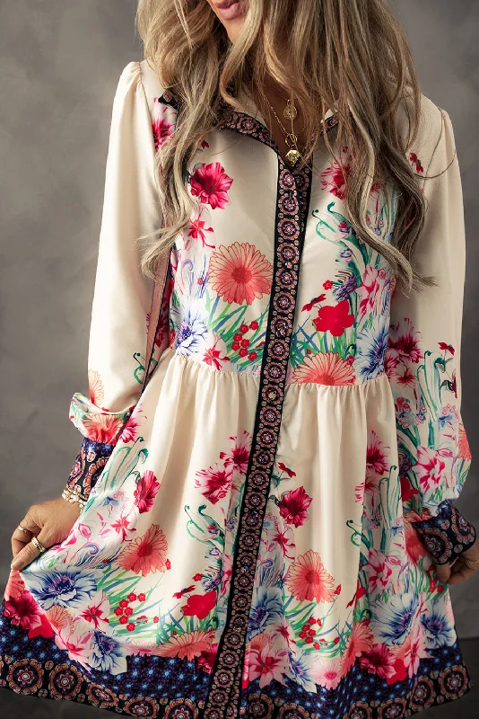 Apricot Floral Print Buttoned High Waist Shirt Mini Dress Classic Floral Print Mini Dress