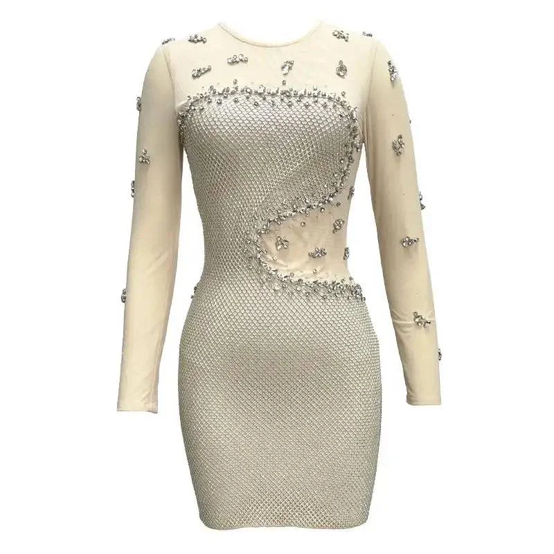 Aureole Sparkly Mesh Diamond Mini Dress Cozy Long Sleeve Mini Dress