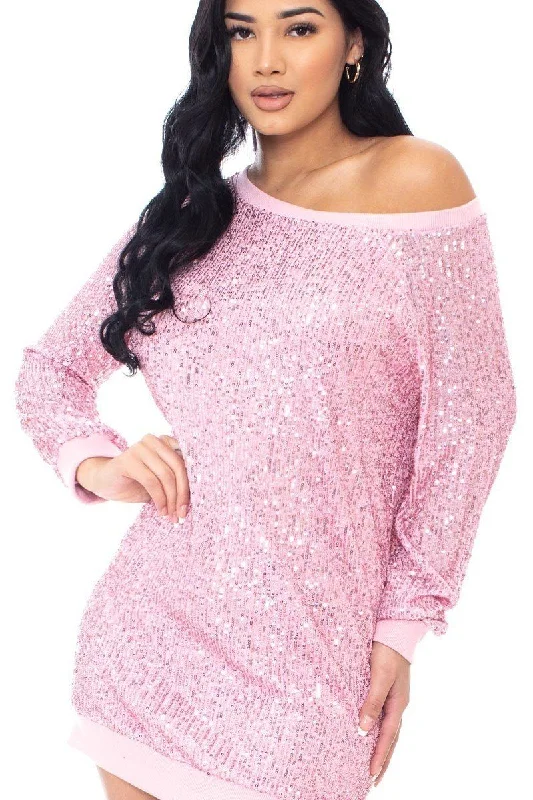 Sequin Wide Neck Boxy Mini Dress in Blush Trendy Crossover Mini Dress