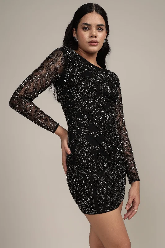 Brooklyn Black Long Sleeve Sequin Mini Dress Comfortable Fit-and-Flare Mini Dress