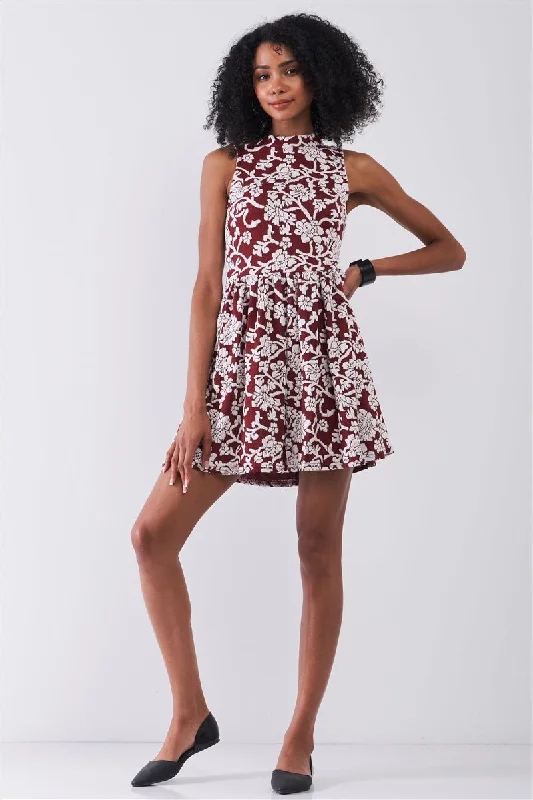 Burgundy & White Floral Crew Neck Sleeveless Fitted Mini Dress Casual High-Waist Mini Dress