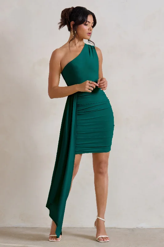 Charlie | Bottle Green One Shoulder Ruched Mini Dress With Statement Drape Trendy Button-Detail Mini Dress