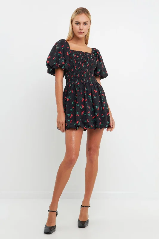 English Factory - Cherry Print Smocked Mini Dress Comfortable One-Shoulder Mini Dress