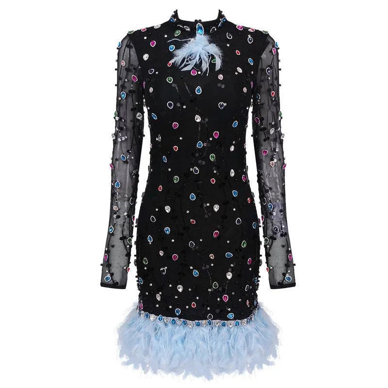 Crissa Long Sleeve Embellished Feather Mini Dress Cozy Wraparound Mini Dress