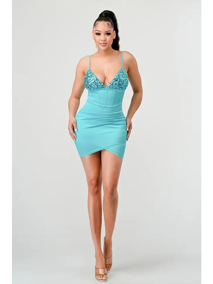 Calling You Satin Mini Dress - Aqua Blue Fashionable Lace Mini Dress