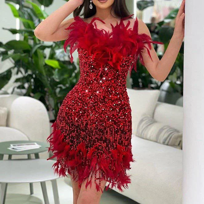 Elanor Strapless Feather Crystal Sequin Mini Dress Cozy Ribbed Mini Dress