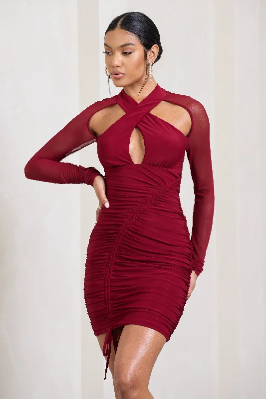 Eyes On You | Berry Long Sleeve Halter Neck Mini Dress Fashionable Denim Mini Dress