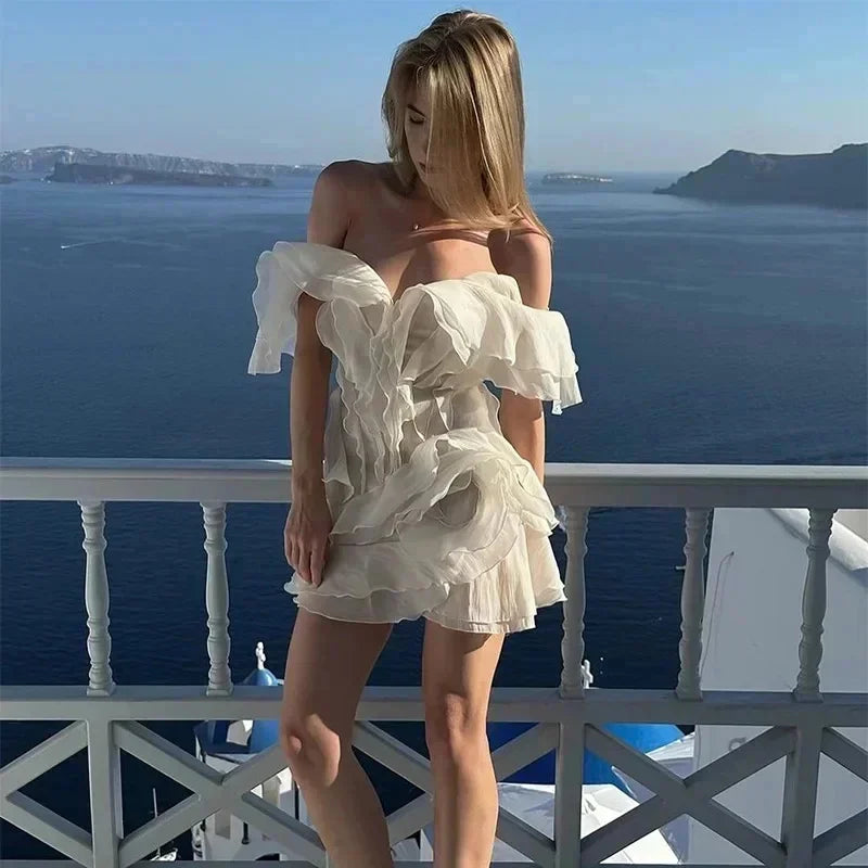 Girlary Elegent Layered Ruffle Edge Mini Dresses Women Sexy Boat Neck Sleeveless Backless Solid Dress 2024 Summer Lady Vacation Vestidos Comfortable Bodycon Mini Dress