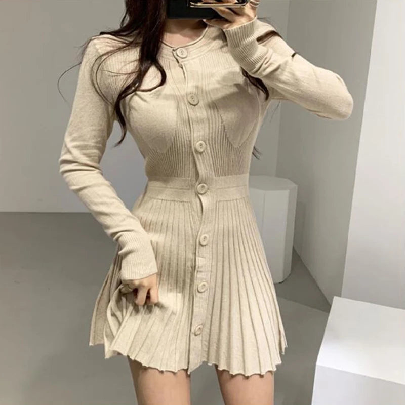 Girlary Knitted Pleated Mini Dress Women Vintage Black Sweater Dresses Winter Korean Elegant Long Sleeve Pink Bodycon Vestidos New Stylish Short-Sleeve Mini Dress