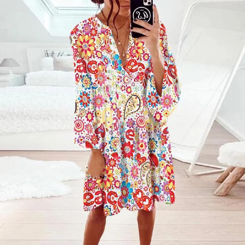 Glamorous V-Neck Long Sleeve Printed Mini Dress- Stylish Summer Mini Dress